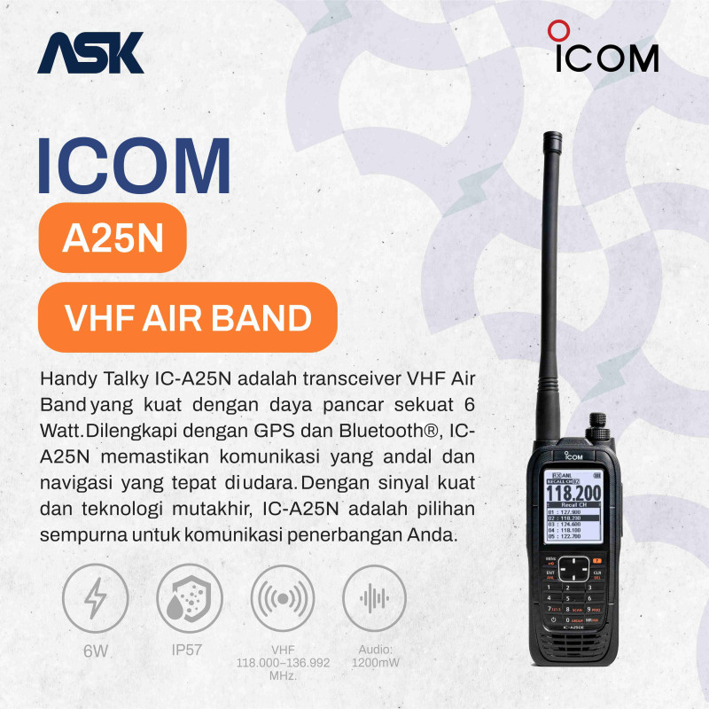 Handy Talky ICOM - A25N Air Band | VHF 118.000–136.992 MHz