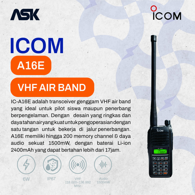 Handy Talky ICOM - A16E Air Band | VHF 118.000–136.992 MHz