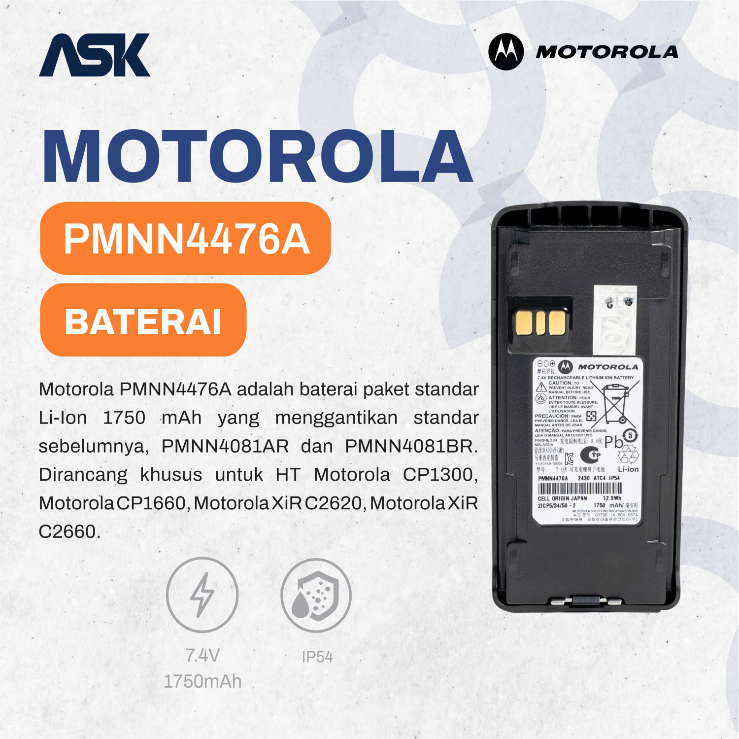 Handy Talky Battery Motorola - PMNN4476 (CP1660 compatible)